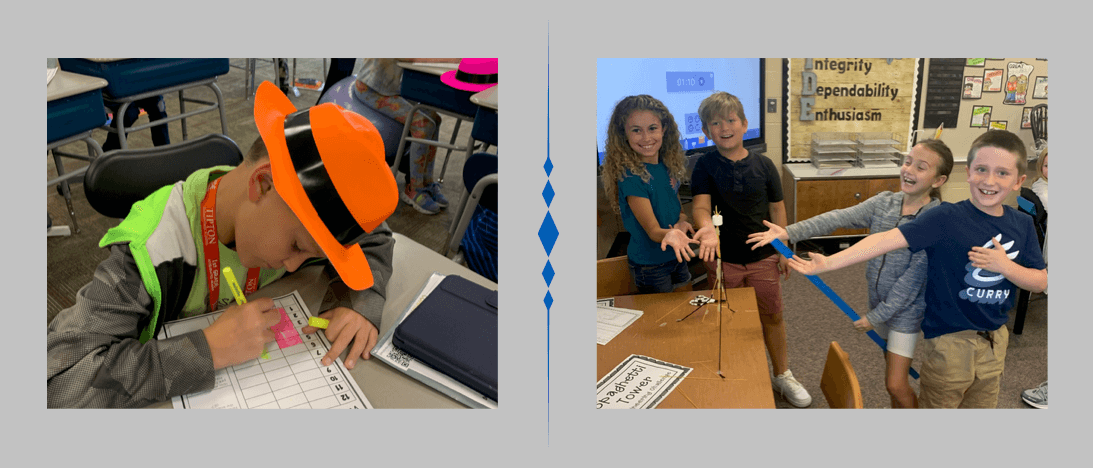 two photos: one of a 2nd grader completing work, and one of a group of 3rd grade students presenting a project