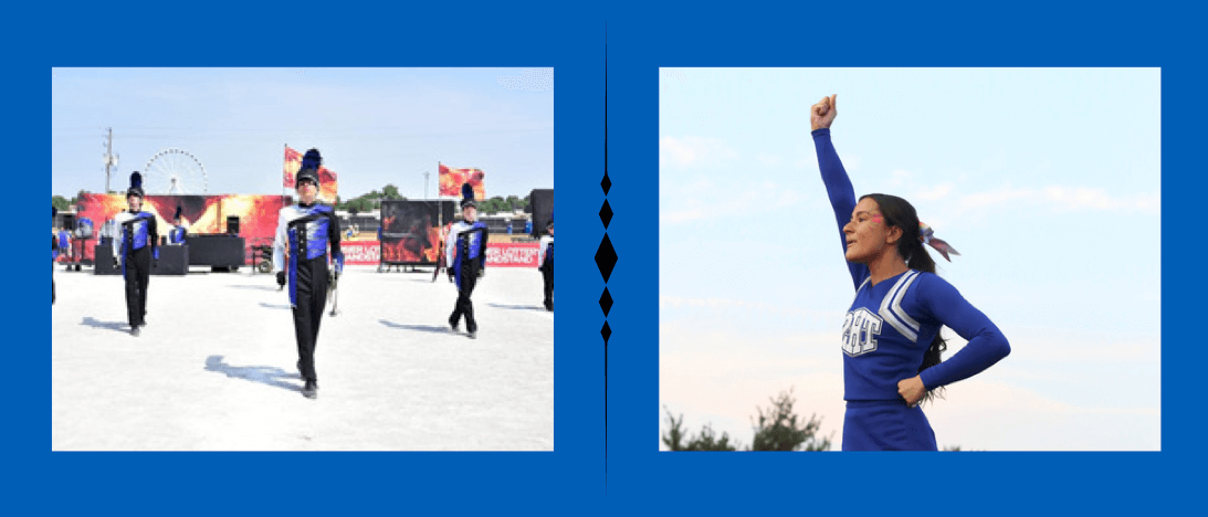 two photos: one of a few marching band students, and one of a cheerleader cheering