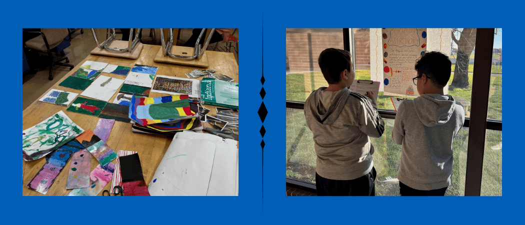 two photos: one of art pieces on a desk, and one of two students looking at a paper on a window