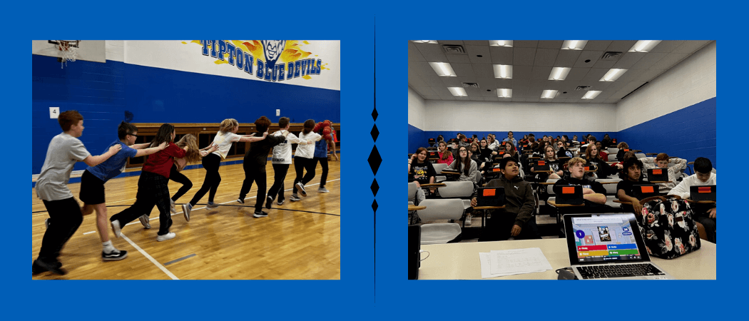 two photos: one of students playing a game in the gym, and one of a class studying