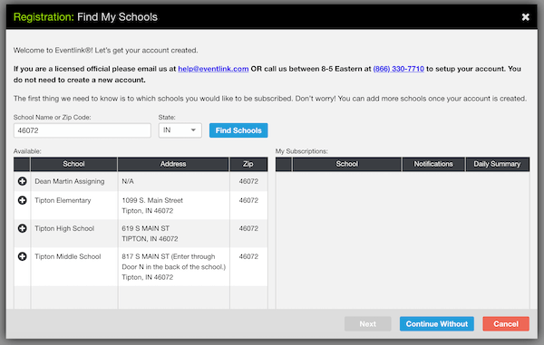 EventLink search shows TES, TMS, and THS under the search results when using the correct zip code and state