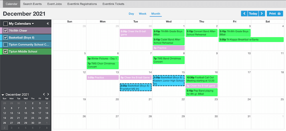 EventLink showing Cheer, 8th gr. Boys Basketball, and the entire TMS calendar