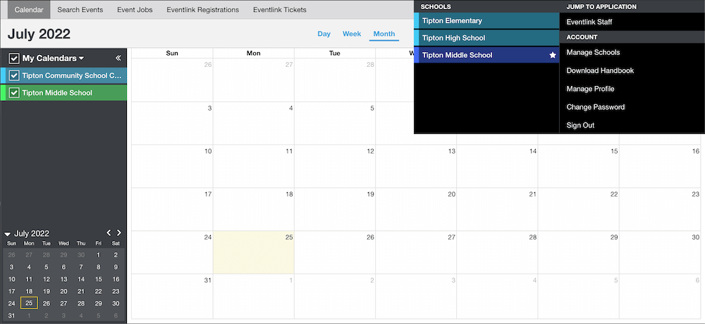 Click your name in the top right of EventLink to switch between schools. Screenshot shows the menu.
