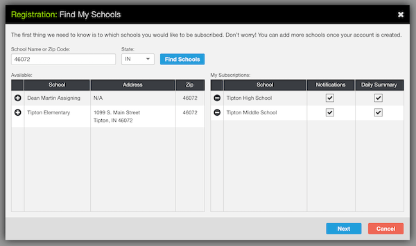 Shows TMS and THS added to the user's EventLink subscriptions