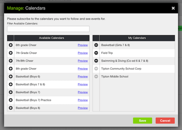 EventLink's Manage Calendars window. It lists all the available athletics on the left, and ones you sub to on the right