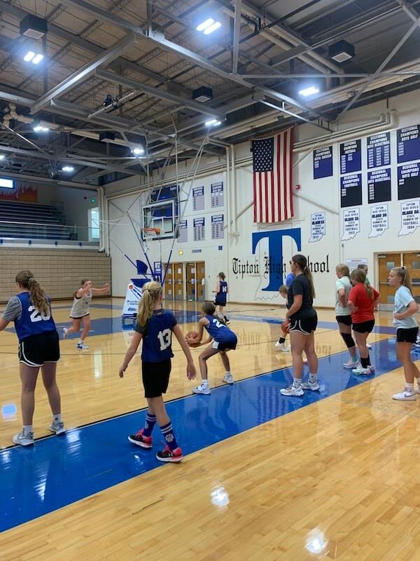 Girls' varsity basketball team during practice